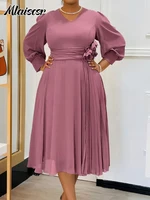 Mlaiscsr Elegant Pink A Line Loose Mid Dress for Women V Neck 3D Flower Design Puff Sleeve Office Evening Birthday Vestidos 2025