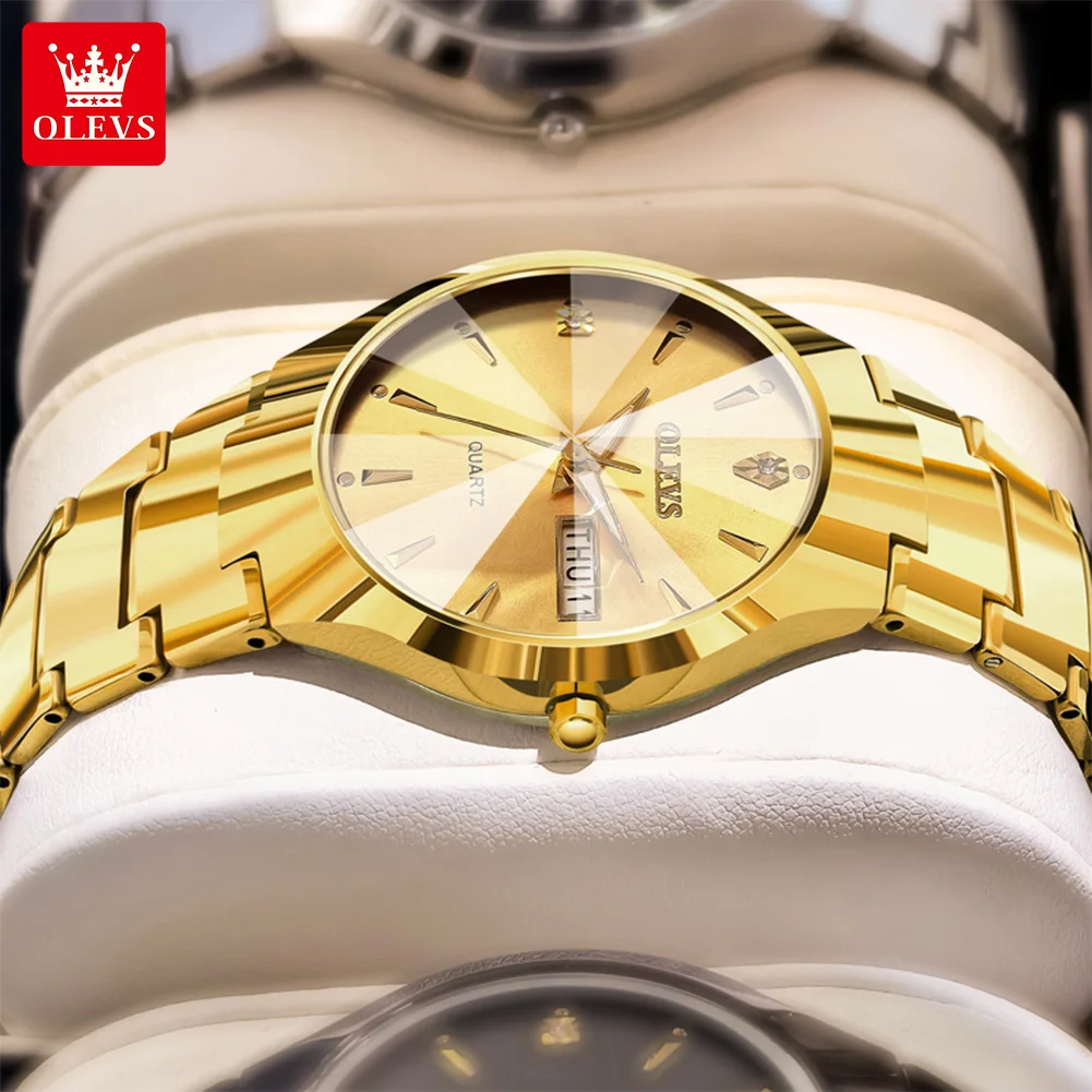 OLEVS 8697 Man Watch Classic Business Quartz Watch For Men Tungsten Steel Strap Dual Calendar Luxury Wristwatch Rhombus Mirror