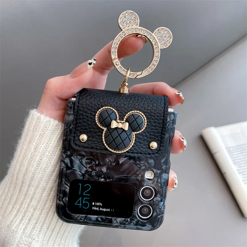 

Leather Diamond Ring Phone Case for Samsung Galaxy Z Flip 5 4 3 Protective Cover for ZFlip3 ZFlip4 ZFlip5 Case Shell