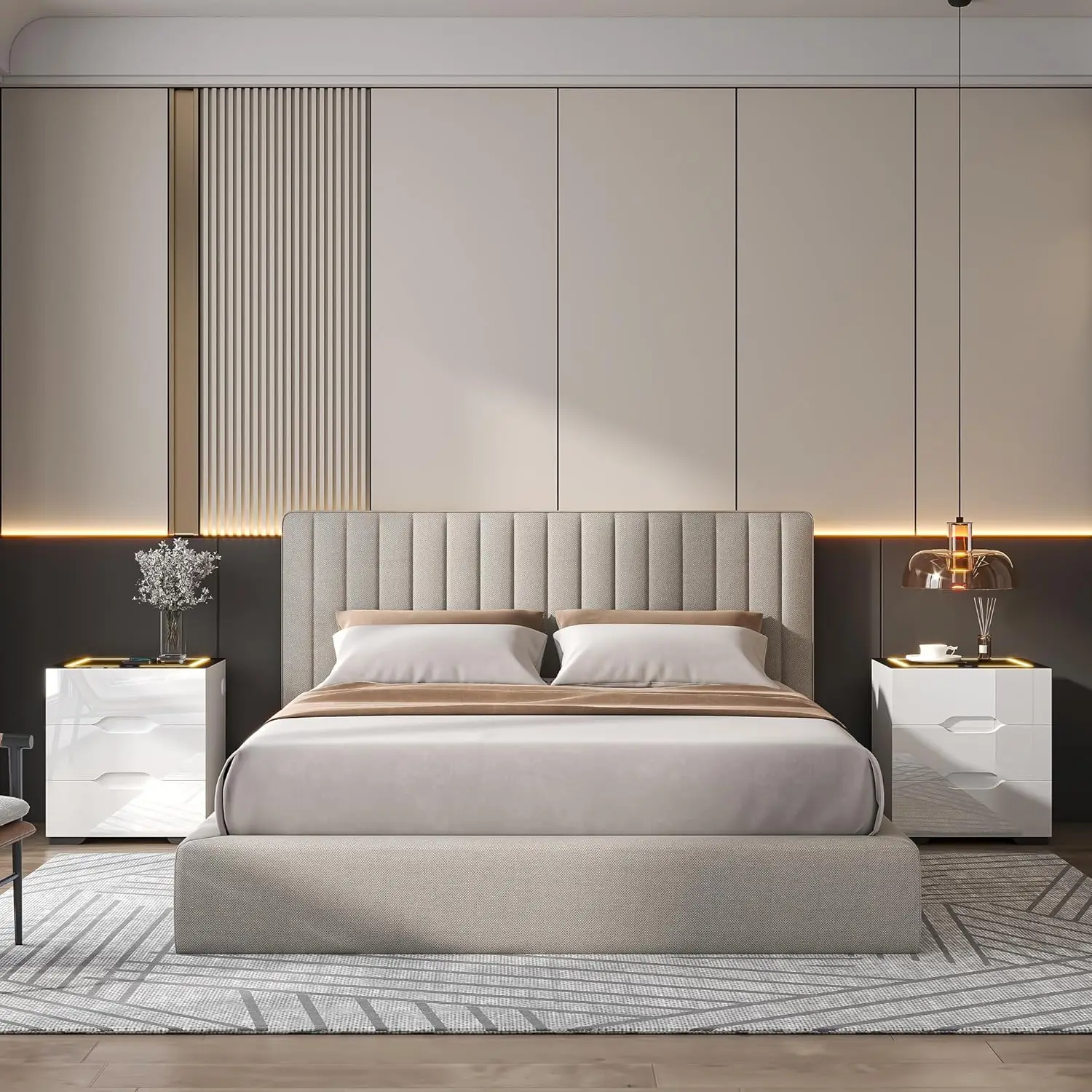 White Smart Nightstand with Wireless Charging Station & Adjustable LED Lights, High Gloss End Table with 3 Drawers