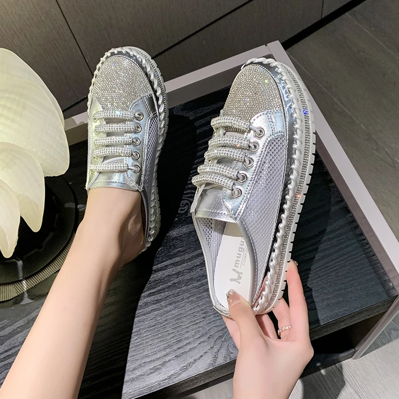 Women Crystal Shoes 2023 Spring Fashion Bing Lace Up Ladies Casual Shoes Comfortable Round Toe Platform Sneakers White Shoes
