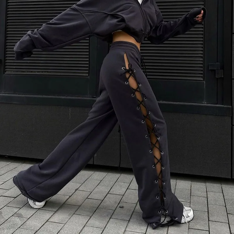 

Summer New Women's Slim Side Split Lace Hollow Out Wide Leg Pants Street Trendsetters Female Fashion Loose High Waist Trousers