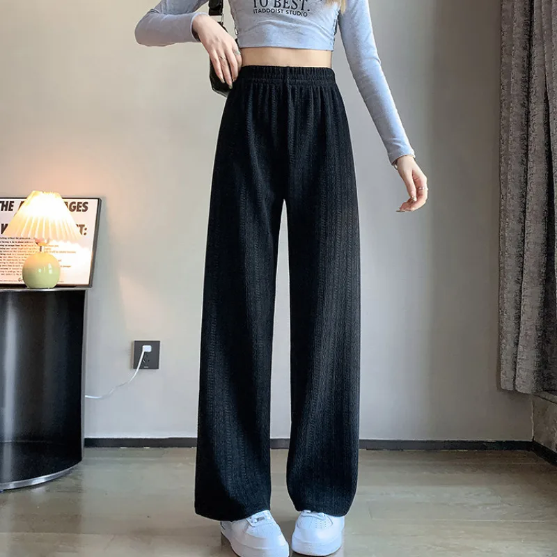 Women Sport Casual Pants Pleated Knitted Wide Leg Pants  Loose Outdoors Trousers Simple Homewear Elastic Waist Solid Colors