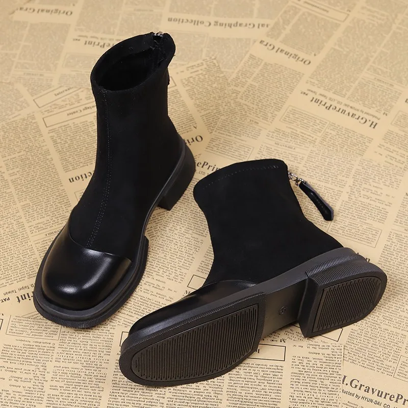 Autumn Winter Women Ankle Boots Fashion Patchwork Leather Thick Bottom Shallow Short Boots Low Heels Flock Ladies Platform Shoes