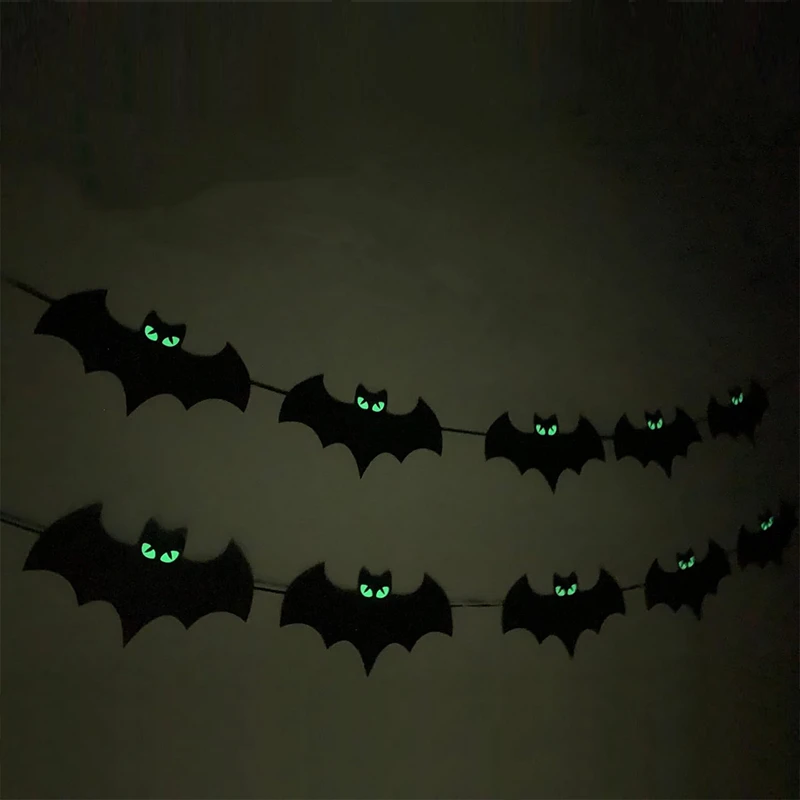 Halloween Luminous Glowing Eyes Bat Paper Banner Hanging Garland Flag For Halloween Kids Birthday Party Home Decoration Props