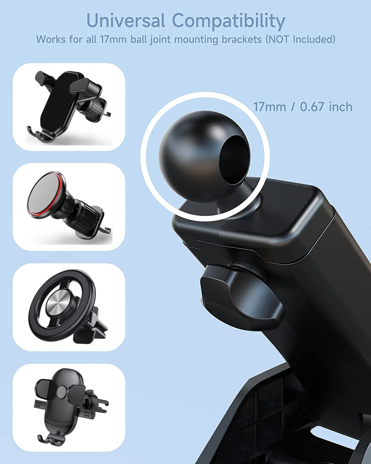 IBudim 17mm 볼 헤드 자동차 흡입 컵 휴대 전화 스탠드 지원 대시 보드 앞 유리 자동차 전화 마운트에 적합