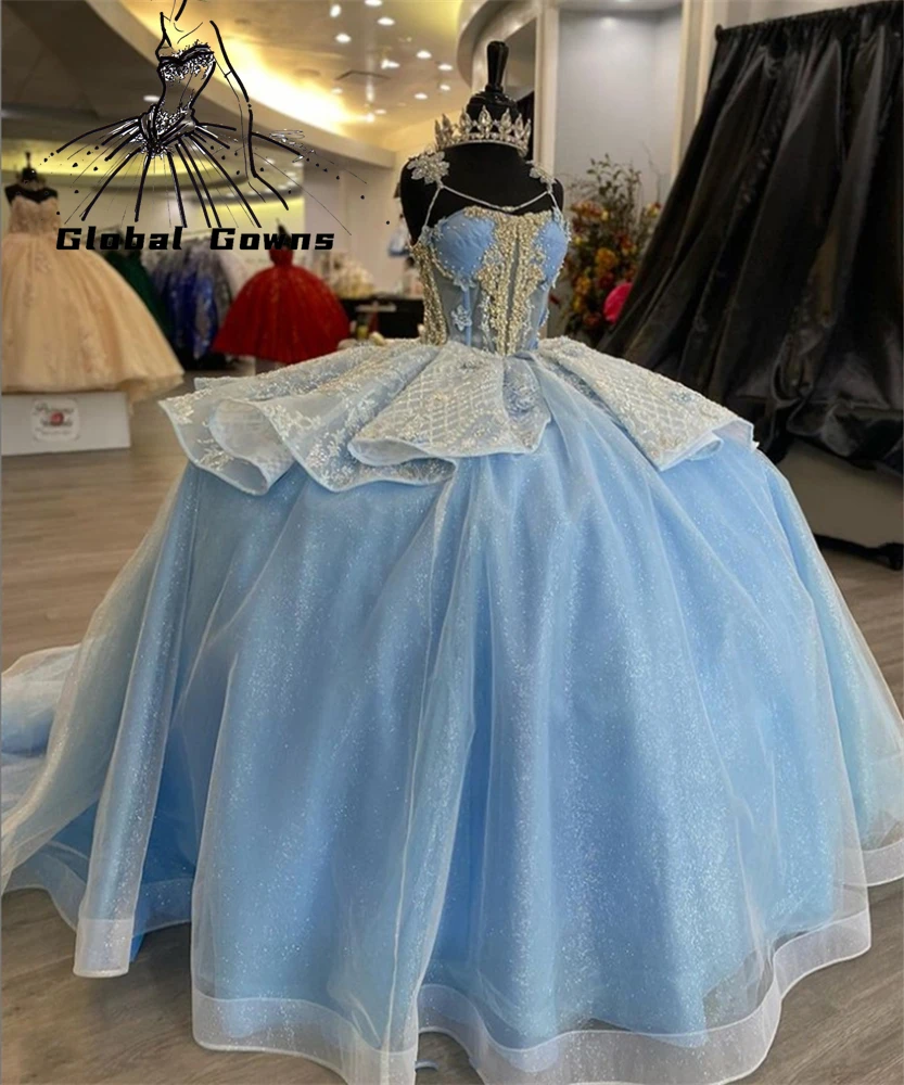 

Mexico Blue Sweetheart Ball Gown Quinceanera Dress Beaded Appliques Birthday Gowns Prom Dresses Tiered Sweet 16 Robe De Bal