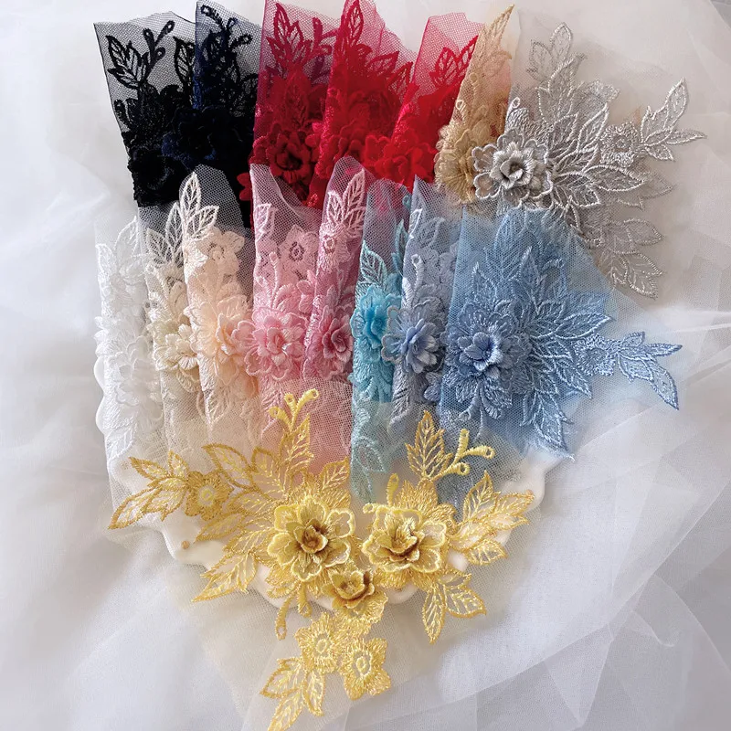 3D Wedding Dress Lace Applique 10Pieces/5Pair DIY Craft Flower Patch Garment Auxiliary Material Gold Blue Patch RS0446 lace fabric lace garment accessories sewing patches lace sewing supplies lace decoration lace accessories lace sewing accessories clothing accessories