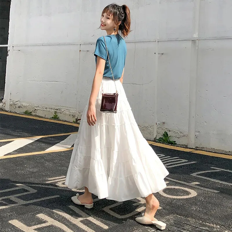 Solid Color Layered Mesh Skirts for Women Stretchy High Waist Pleated Midi  Skirt Autumn Flowy Casual A-Line Skirts