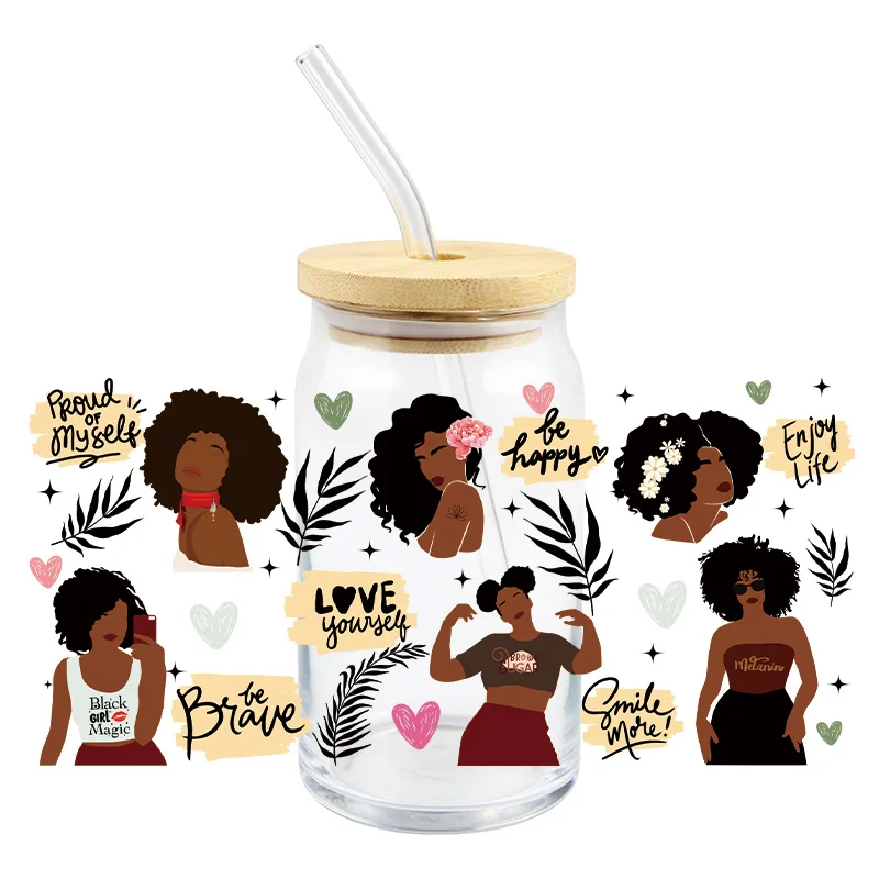 Black Woman UV DTF Wrap Transfer Stickers Beautiful Gril Design DTF Wrap For Mugs Glasses Coffee Cups Waterproof Decal