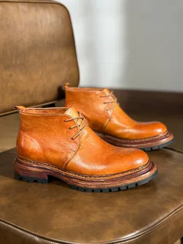 Genuine Leather Men Ankle Boots Handmade Retro High Top Work Shoes Thick Sole Retro Outdoor Hiking Motorcycle Boots