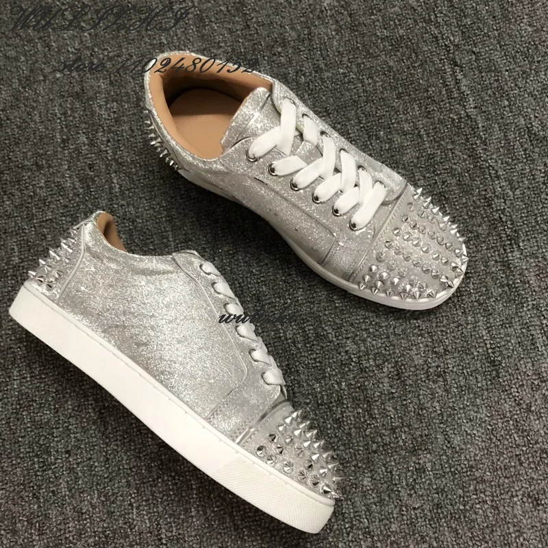 Flat Rivet Silver Casual Shoes Women Clutch Design Crystal Sneakers Luxurious Round Concise Couple Metallic Glitter Lace Up Shoe 5