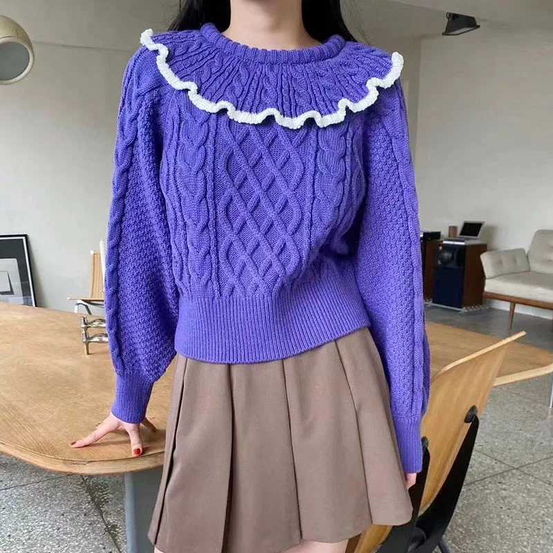 

Sweet Casual Sweater Female Green Autumn and Winter New Ins Fashion Lotus Leaf Collar Loose Knitted Sweater Cute Korean Pullover