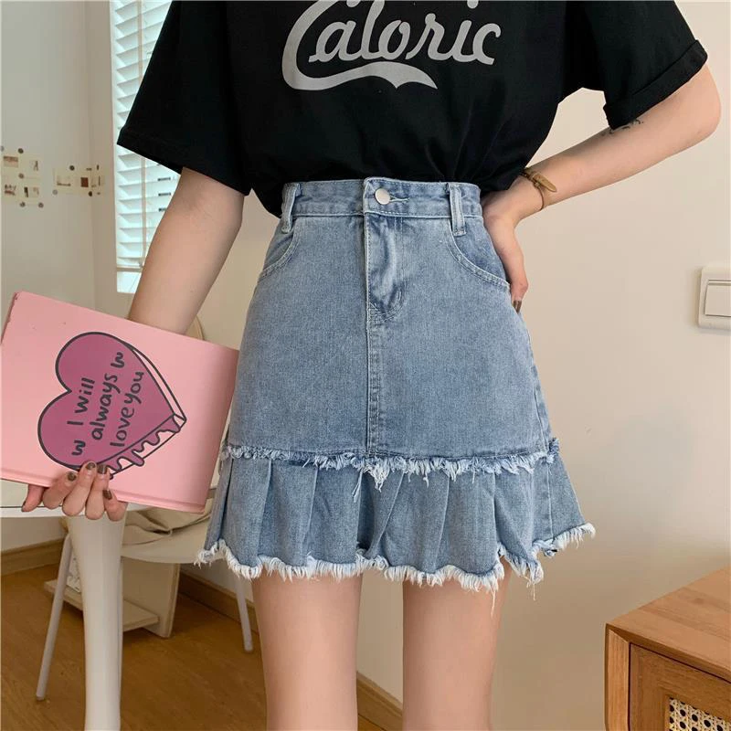 

Women's Retro Mini Denim Skirt With Short New Irregular Pleated Tasse Slim A-Line Skirt High Waist Short Jeans Skirt