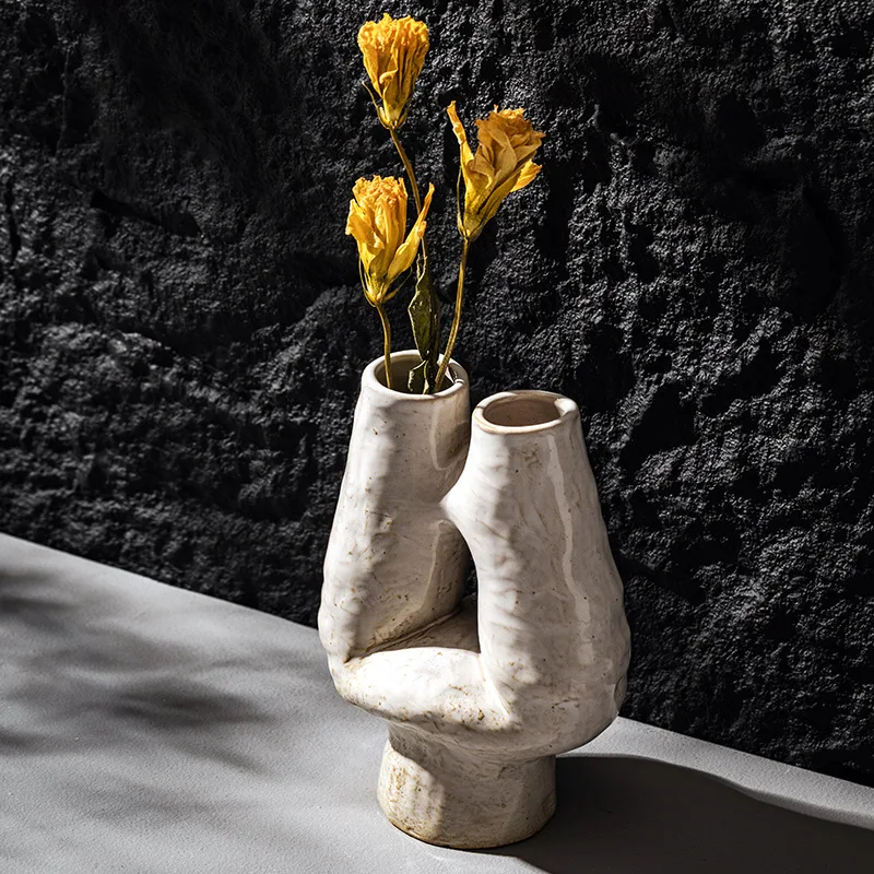 CAPIRON Double Mouth H Vase Ceramic Porcelain Nordic Boho Wabi-sabi Decorative Flowerpot for Dried Flower Pampas Grass Office 3