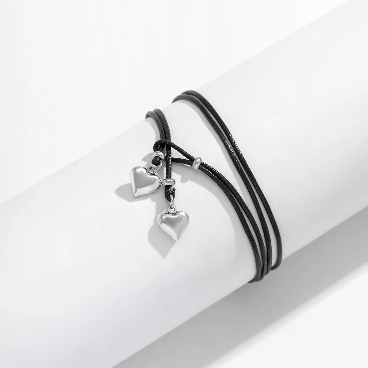 Anklet for Women Men IngeSight.Z Simple Metal Heart Pendant Black Leather Wax Thread Summer Beach Sandals Foot Jewelry
