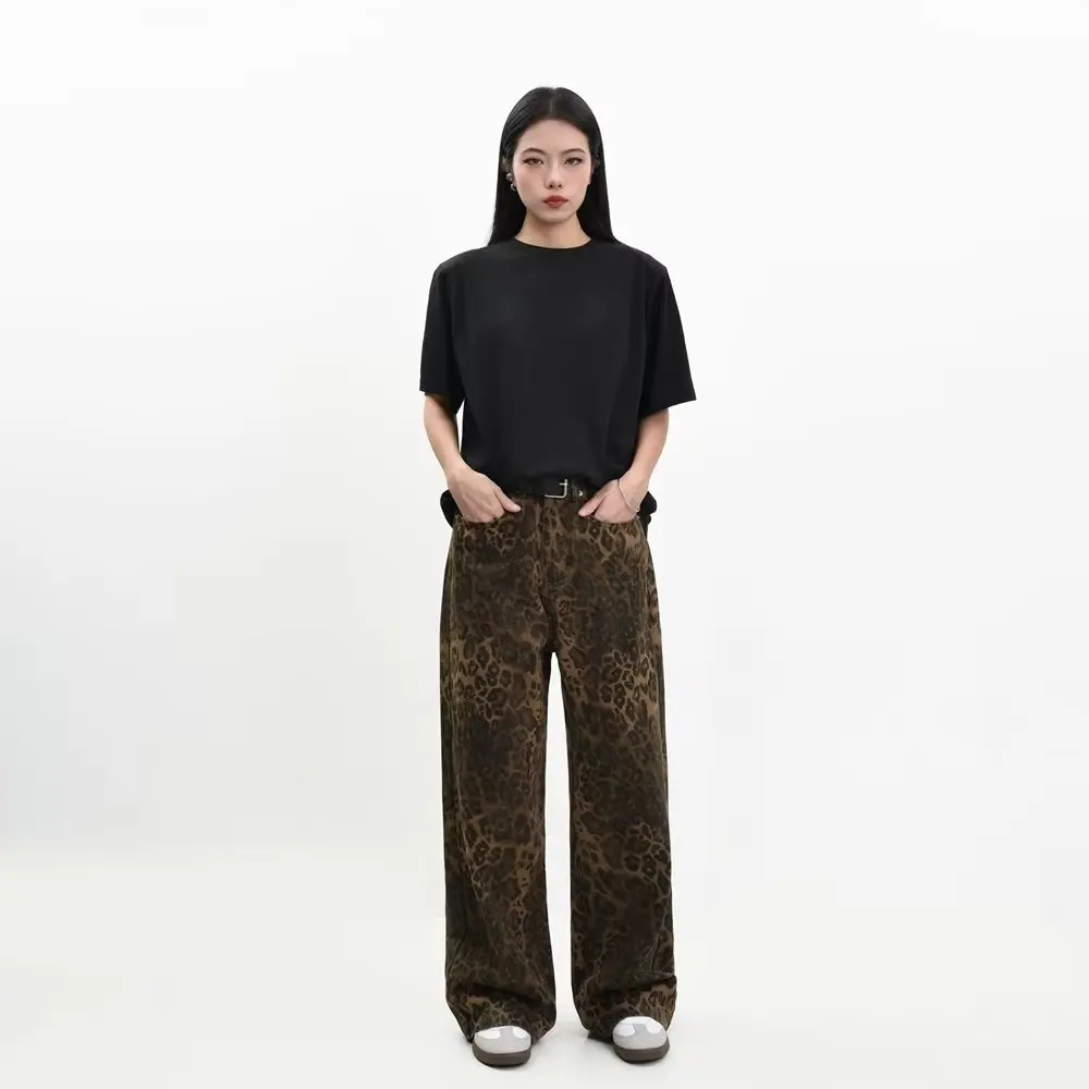 New Original American Retro Leopard Pattern Jeans Straight fit Loose Men's and Women's Autumn/Winter Trendy Casual Pants