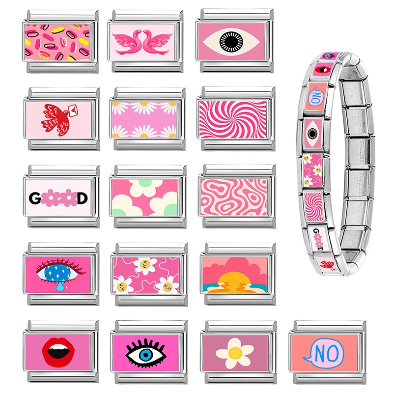 Pink Fashion Series 9mm Stainless Steel Charm Link Bracelet