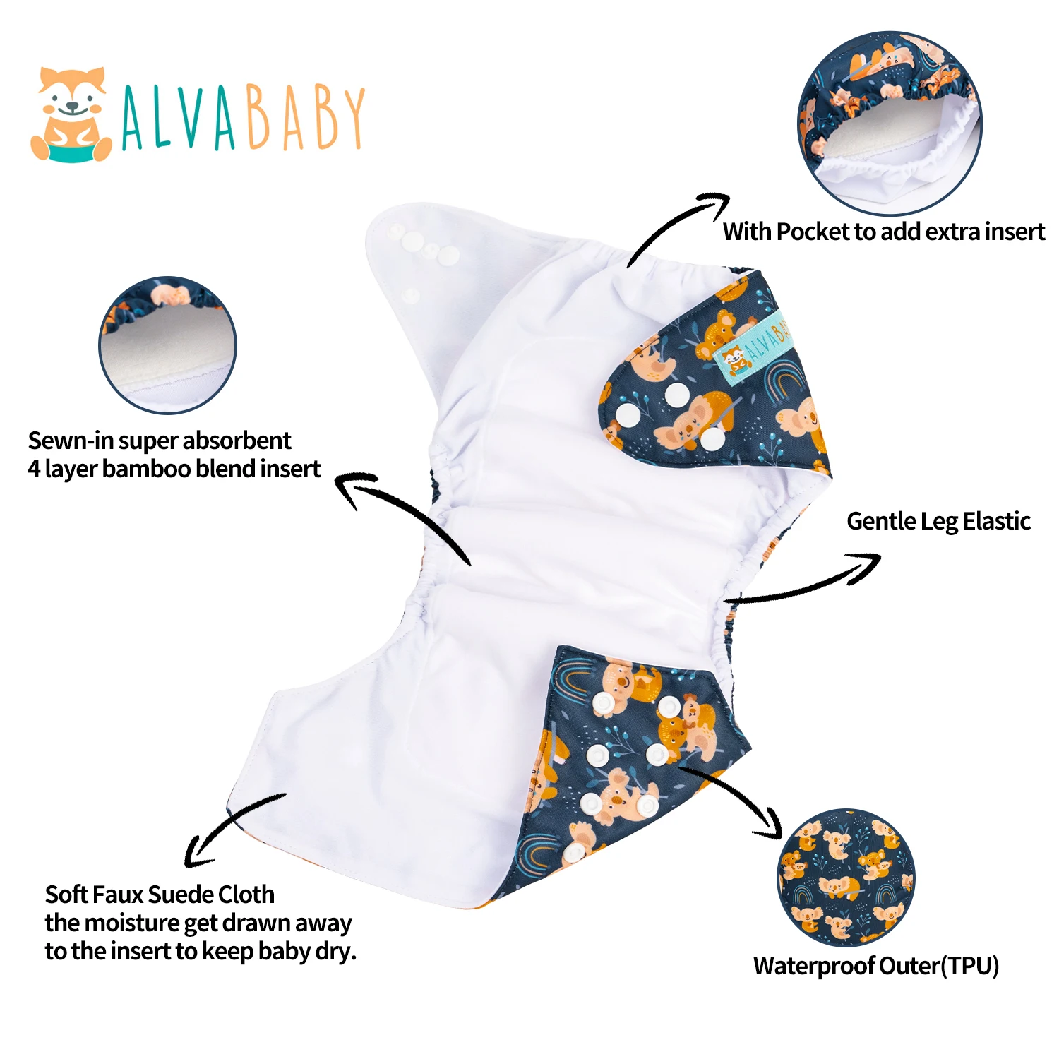 U Pick ALVABABY AIO Diaper All in one Diaper Sewn-in 1pc 4-layer Bamboo Insert Reusable Baby Cloth
