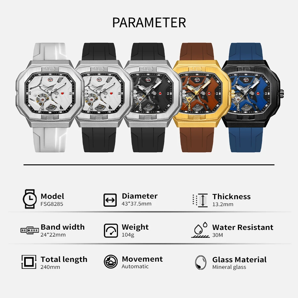 2024 FORSINING Square Skeleton Mechanische Echte Herrenuhr Automatisches Uhrwerk Weiße Sport Wasserdichte Luxus-Männeruhren_voghion.com