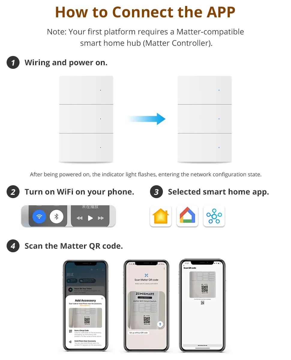 Matter WiFi Smart Wall Light Switch 1 2 3 4 Gangs Flame-retardant PC Material Pa