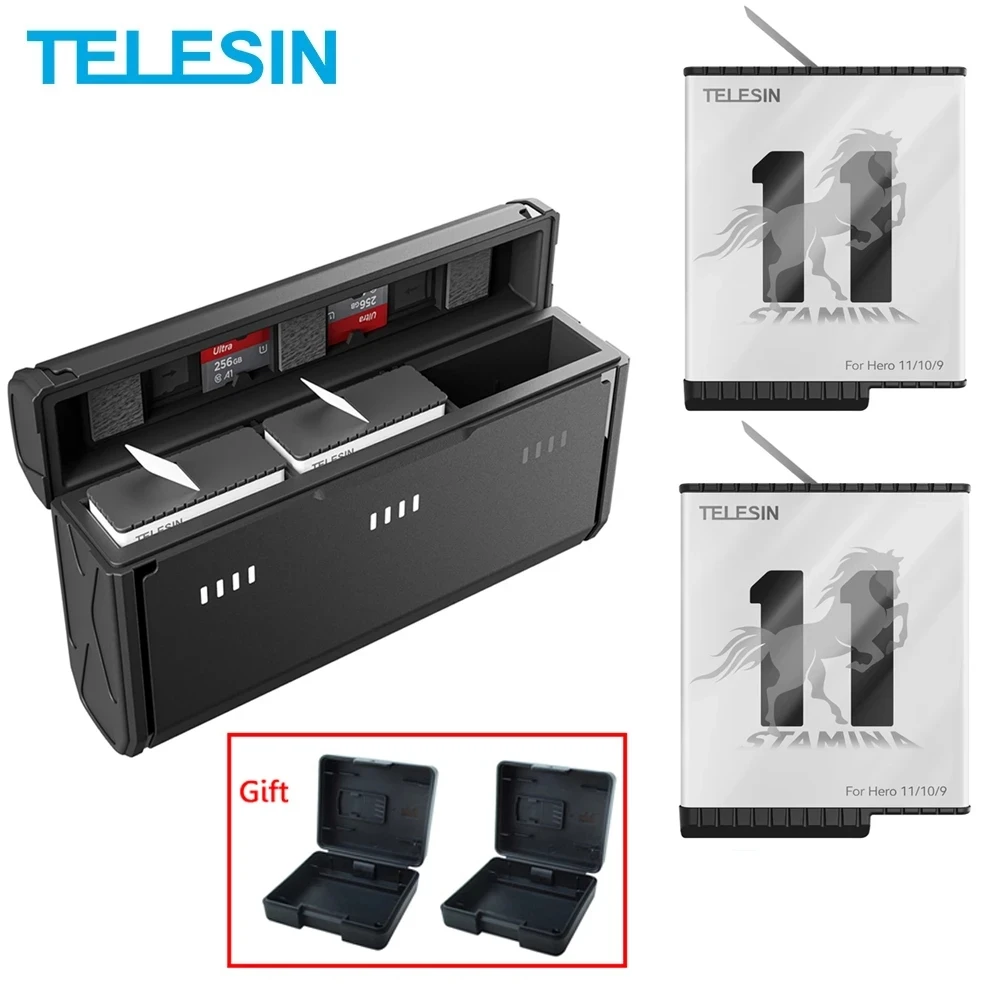 

TELESIN Endurence Battery For GoPro Hero 11 1750 mAh Battery 3 Slots TF Card Battery Storage Charger Box Kit For GoPro 9 10 11