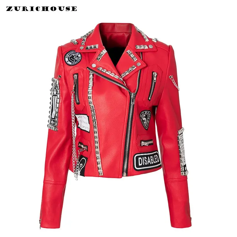 Red Cropped Leather Jacket for Women 2024 Trend Rock Punk Style Streetwear Motorcycle Printed Faux Leather Studded Jacket