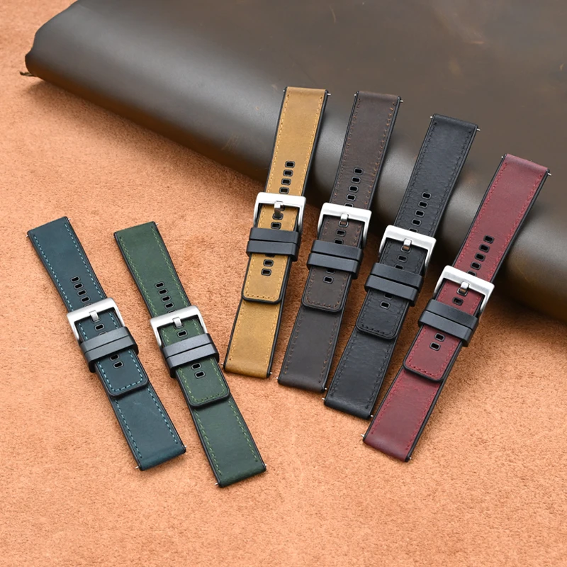 Vintage Crazy Horse Leather & Rubber Waterproof Quick Release Strap - Universal Retro Watch Band