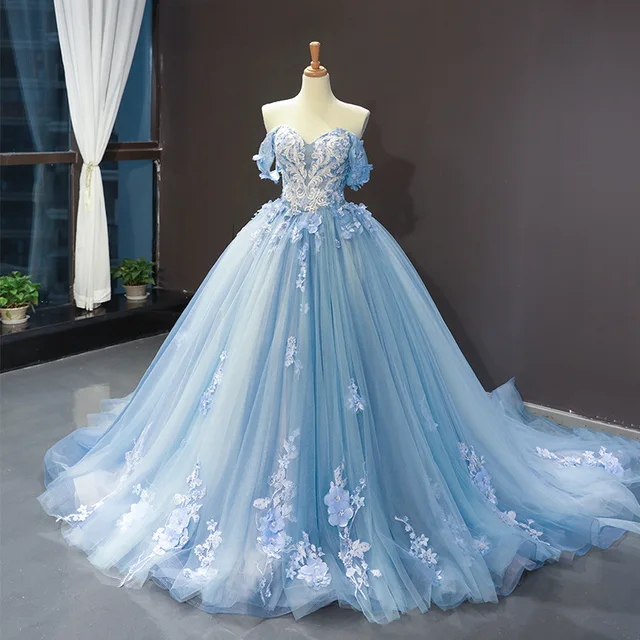Blue Quinceanera Dresses Off The Shoulder Princess Prom Dress Lace Appliques Ball Gown With Small Train Vestidos De 15 1
