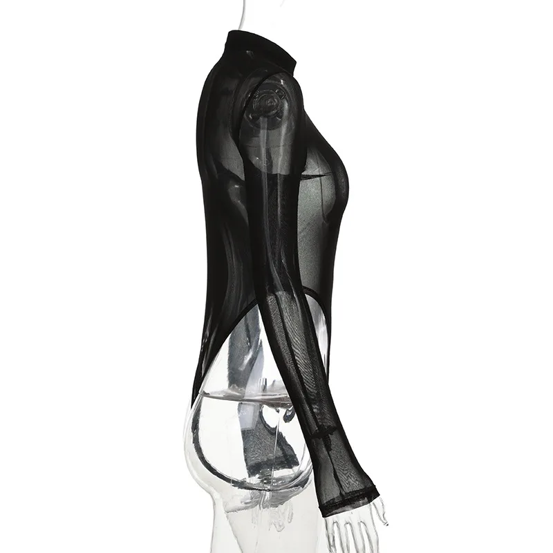 BKLD Clothes For Women Fashion See-Through Mesh Sexy Zipper Patchwork Long Sleeve One Pieces Solid Color Black Bodysuits