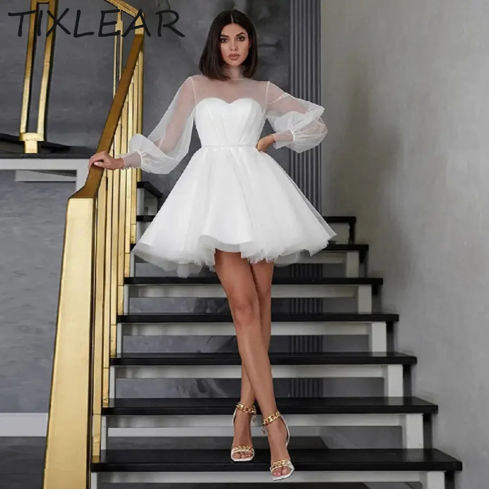 

TIXLEAR A-line Wedding Dress Above Knee Dresses Length High Neck Lace Puff Full Sleeves Lace Up Bridal Gowns Vestidos De Novia