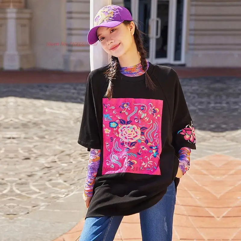 

2023 national flower embroidery o-neck hanfu tops women vintage harajuku elegant female ethnic t-shirt oriental tang suit shirt