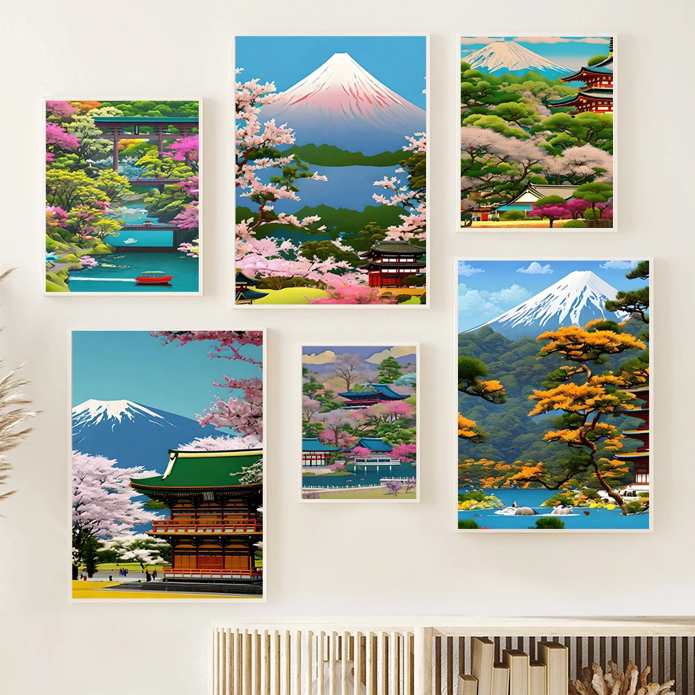 

Japanese Lake Mount Fuji Decor Canvas Painting Spring Glimpse Art Poster Retro Landscape Sakura Snow Mural Room Wall Decor Print