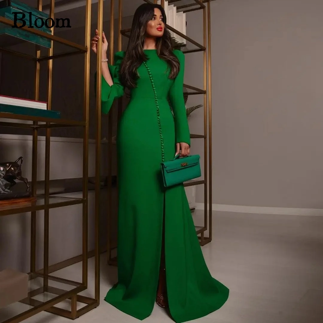 

Bloom Green Noble Evening Dresses For Prom Long Sleeves Buttons Floor-length Simple Formal Dress Celebration Wedding Party Dress