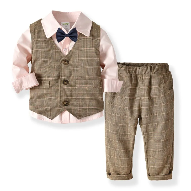 

Детский Костюм Джентльмена для мальчиков, элегантный костюм на день рождения, свадьбу, повседневная одежда для маленьких мальчиков, костюм из рубашки, жилета и брюк в полоску