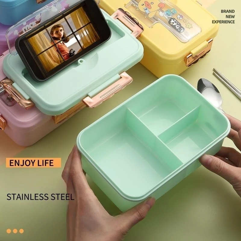 Bento Lunch Box for Kids Girls Cartoon Students Kawaii Cute Dinosaur Heated 3 Grid Sandwich Snack Food Box Special Canteen Kitchen