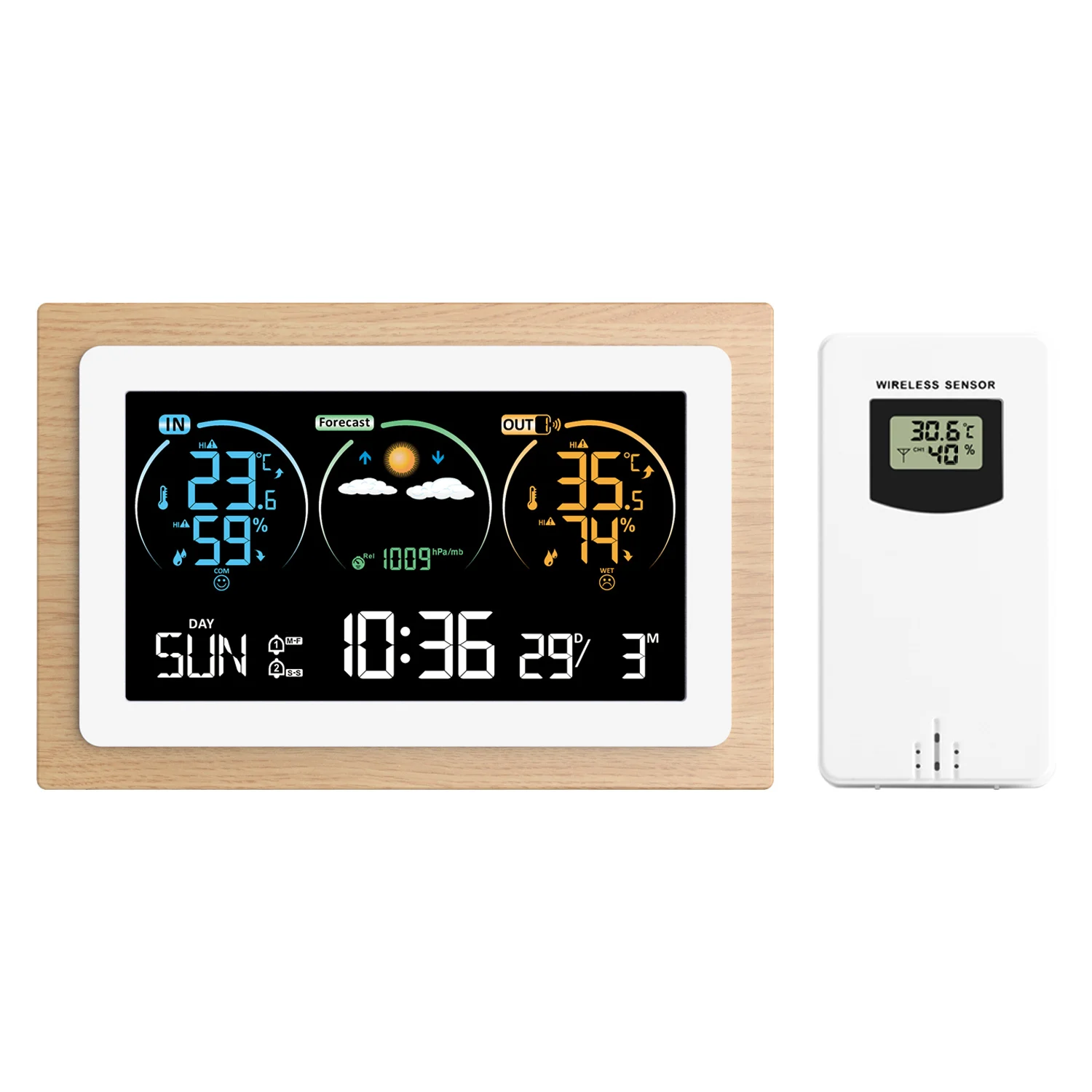 

Smart Weather Station Clock Temperature and Humidity Meter Wireless Indoor Outdoor Thermometer Sensor HD Color Screen Display