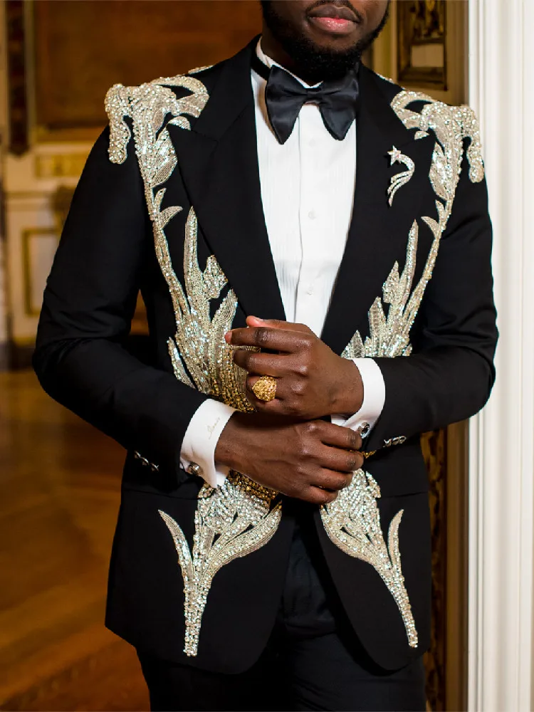 Black Men's Suits Tailored 2 Pieces Blazer Pants One Button Peaked Lapel Sparkly Appliques Wedding Formal Custom Made Plus Size