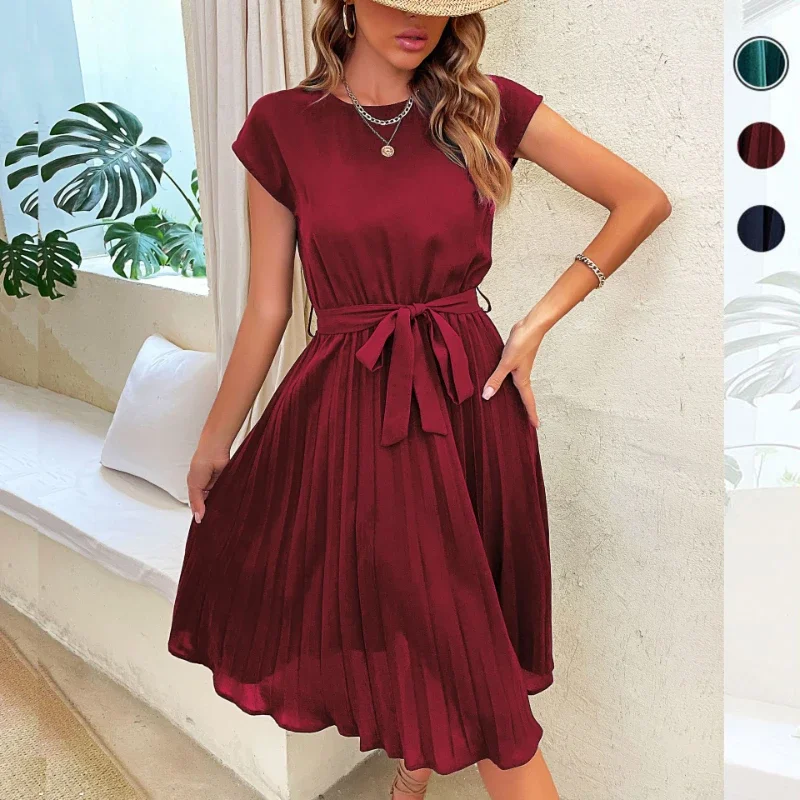 

YUDX Elegant Women Summer Casual Beach Sundress Short Sleeve Pleated Midi Dress Soild Colour O Neck Tunic Dresses Fashion