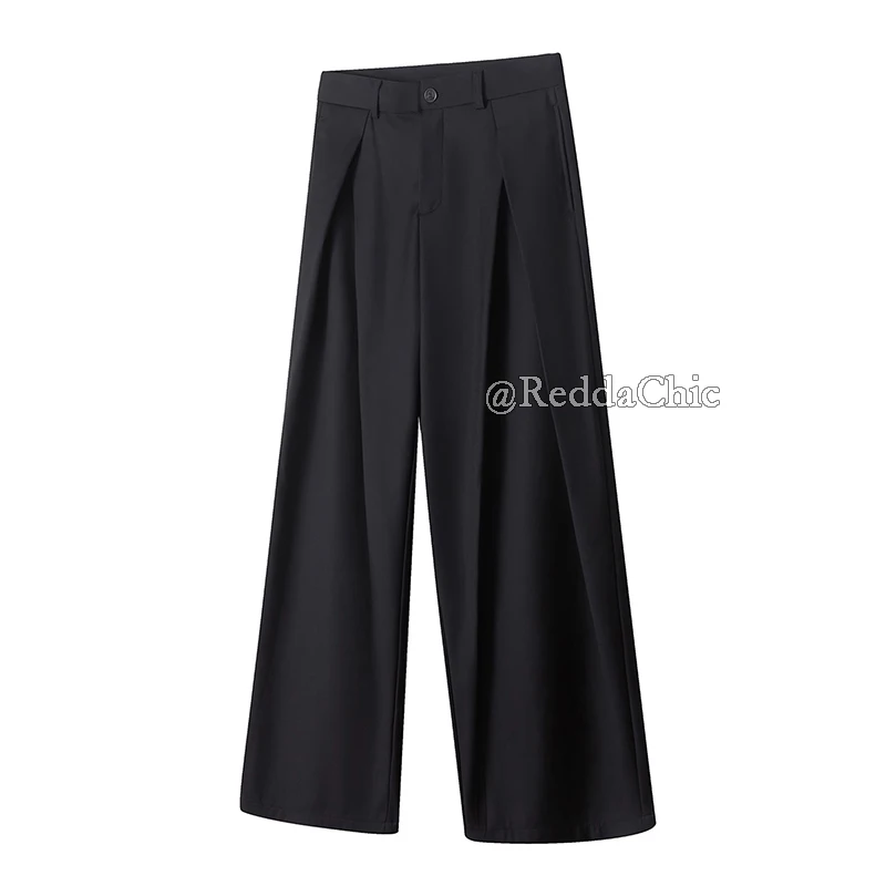 ReddaChic Minimalist Black Pleated Wide-Leg Trousers