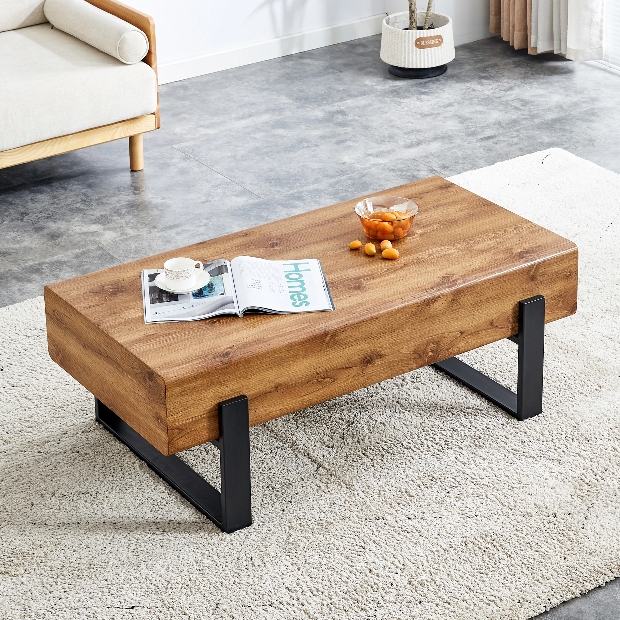 Rustic MDF Coffee Table With Metal Legs-Natural Wood Tone Elegance For Your Space Suitable For Living Room Sofa Table