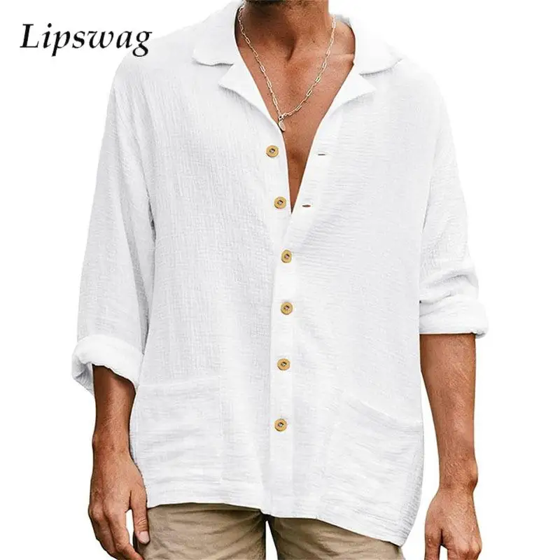 

Рубашка мужская с отложным воротником, Повседневная блуза из хлопка и льна, с длинными рукавами, на пуговицах, с карманами, модный однотонный кардиган, топы