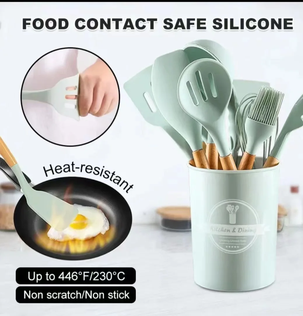 12pcs Silicone Cooking Tools Kitchen Utensils Set Heat Resistant Kitchen  Non-Stick Cooking Utensils Baking Tools