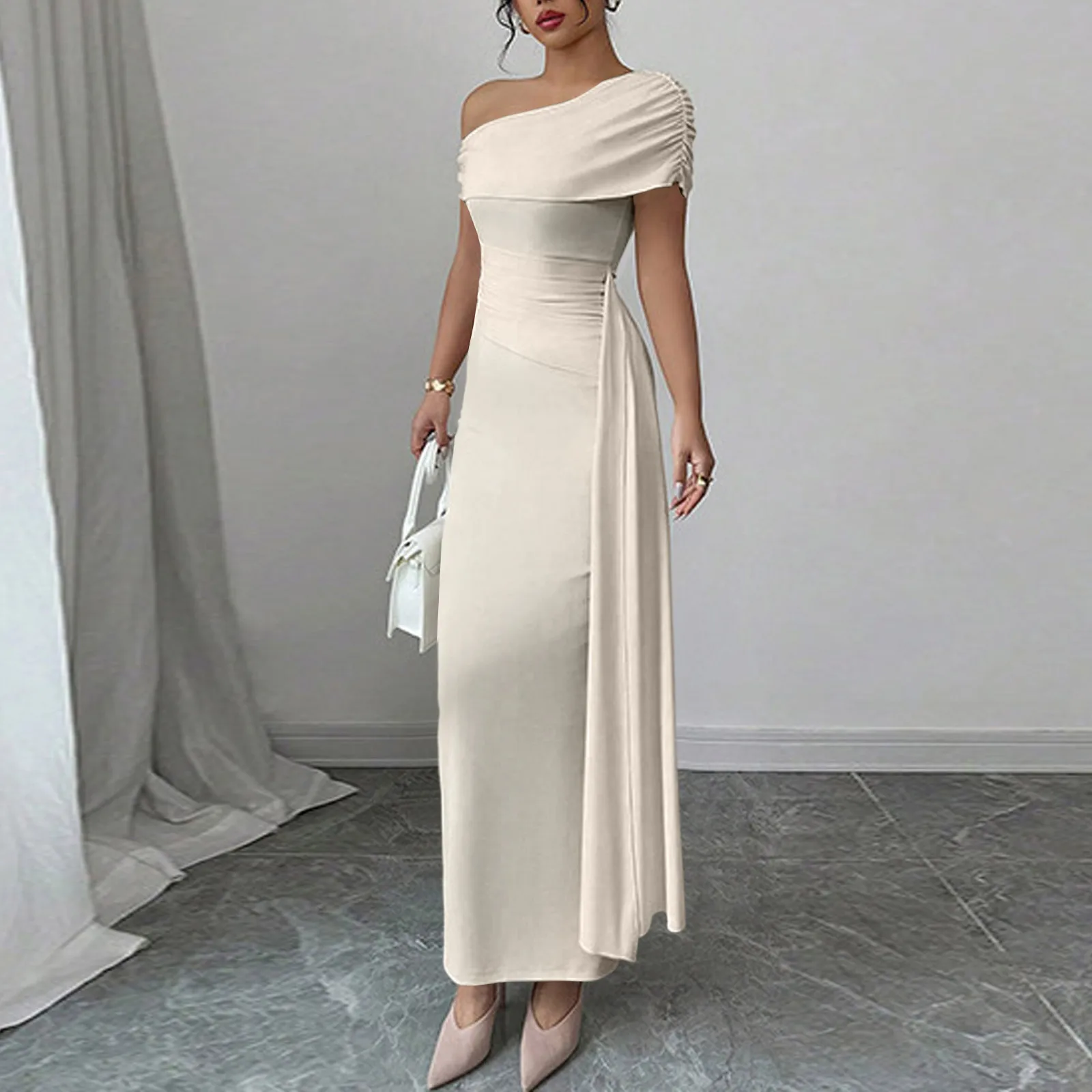 Sexy Party Long Dresses for Women Slant Neck Sleeveless Solid Color Dress Slim-fit Pleated Maxi Gown Fashion Bodycon Dress