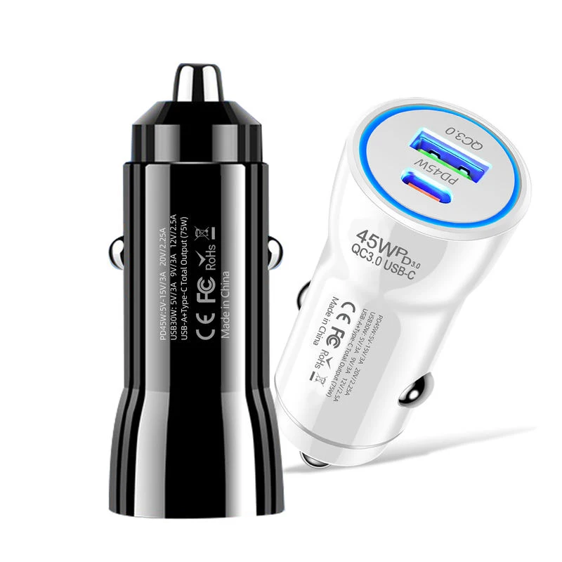 고속 차량용 충전기 PD 45W QC 3.0 듀얼 포트 USB C & A 시거잭 어댑터 (LED 라이트 포함) 스마트폰 태블릿 아이폰 17용