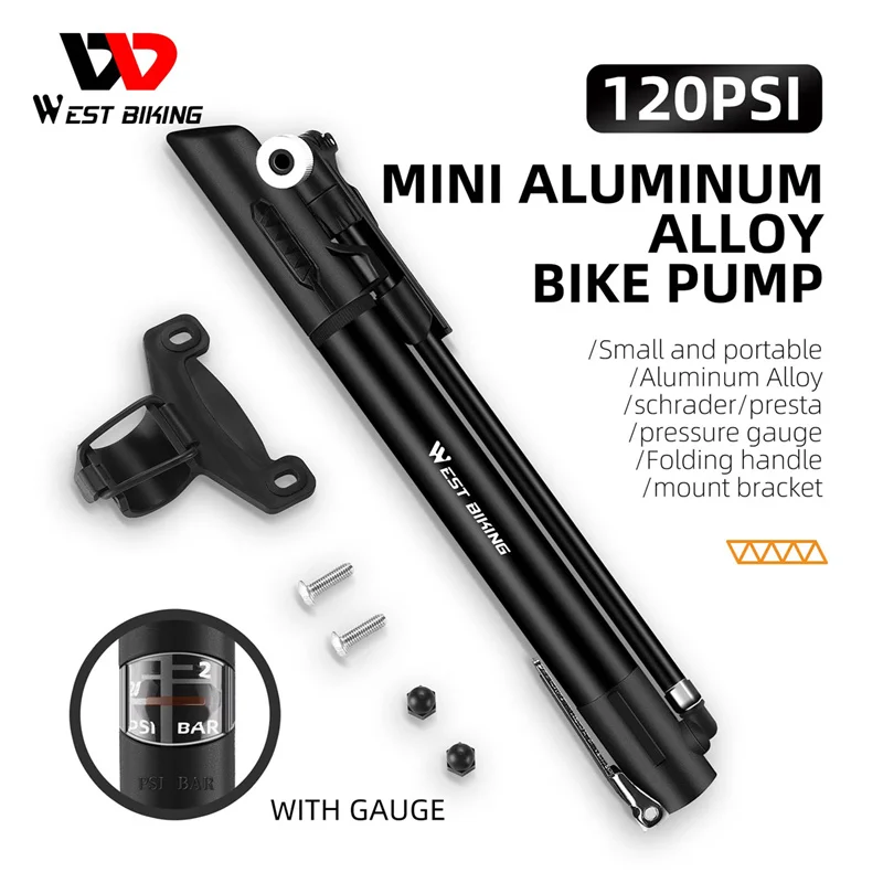 

WEST BIKING Bicycle Pump 120 PSI Mini Aluminum Alloy Bike Pump Portable Schrader Presta Valve Inflator MTB Road Bike Hand Pump