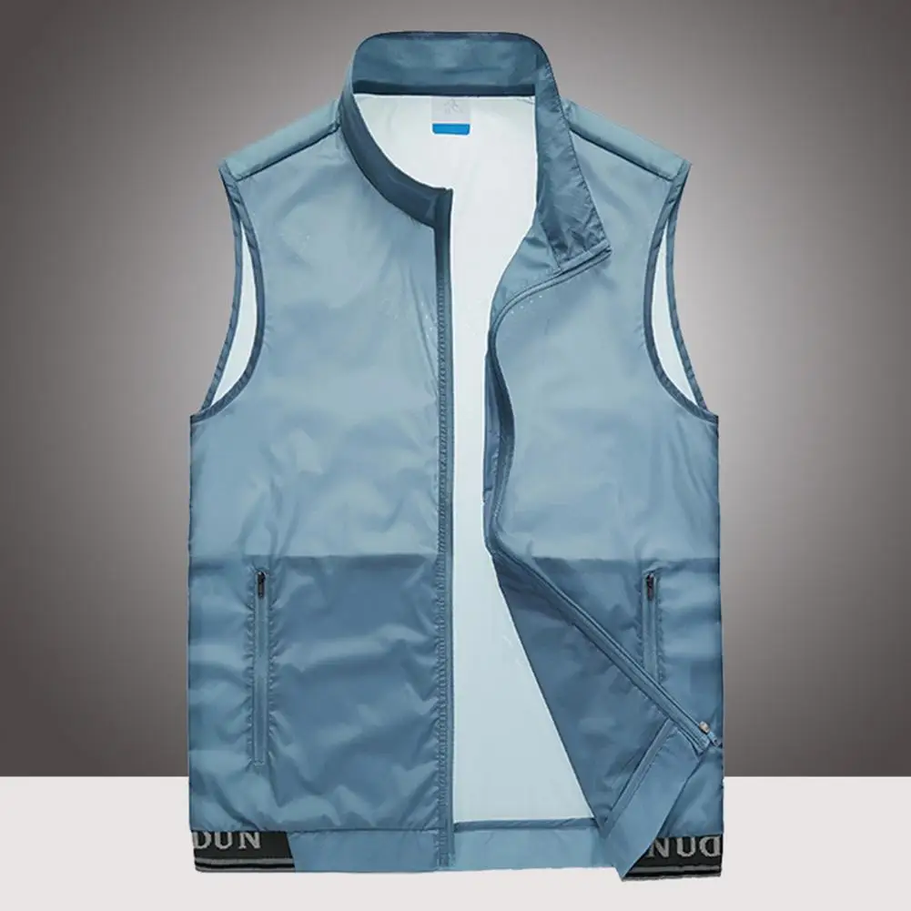 

Stand-up Collar Vest Men's Summer Stand Collar Sleeveless Mesh Outdoor Vest Coat with Zipper Placket Two Pockets for Outdoor