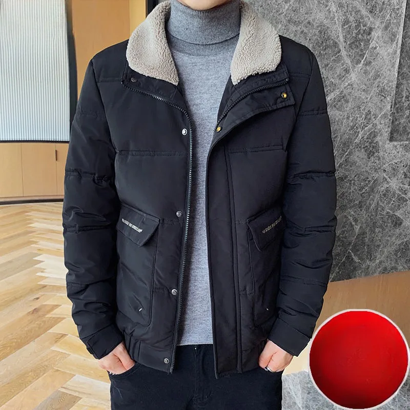 2023 New Men Down Cotton Coat Winter Jacket Short Loose Leisure Plus Fleece Thicken Parkas Fur Collar Outwear Joker Overcoat