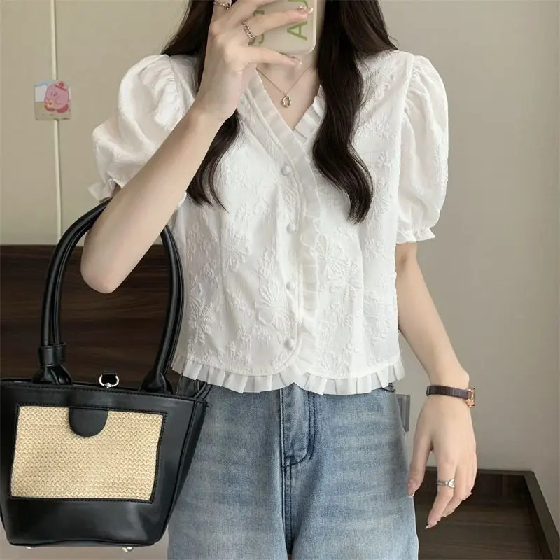 

Summer New Korean Style Design V-neck Short Shirt Niche Gentle Style All-Matching Slim Fit Puff Short Sleeve Top