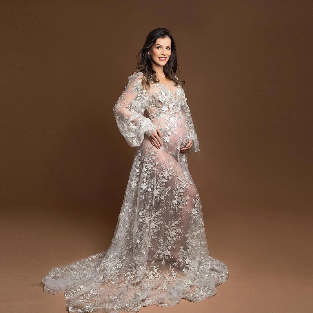 

Vintage Boho Appliques See Thru Lace Maternity Dress Long Maxi Pregnant Gown Party Evening Robes Women Photo Shoot Baby Shower